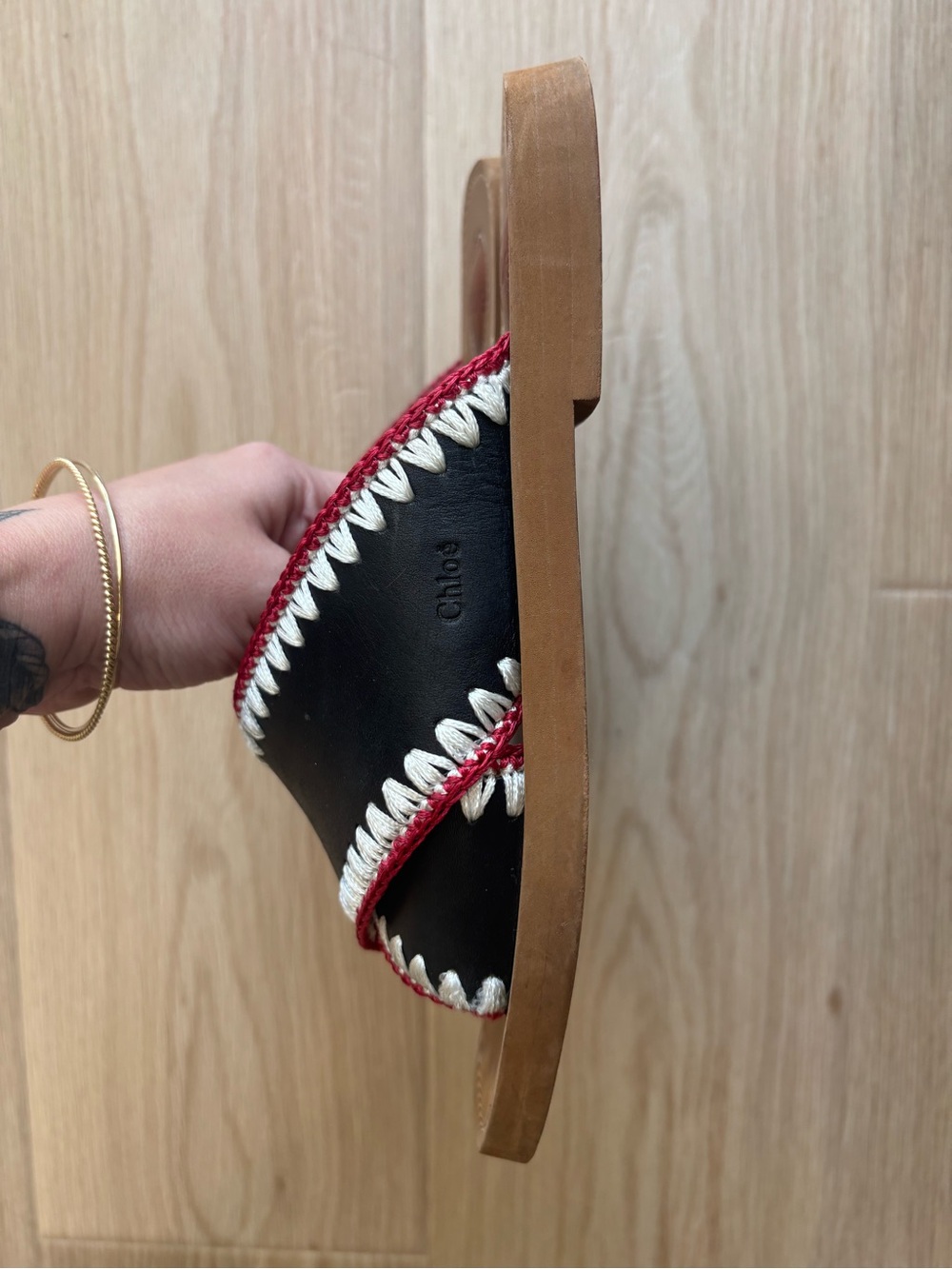 Chloe Black Leather Slide Sandals with Red & White Trim - Picture 4 of 4